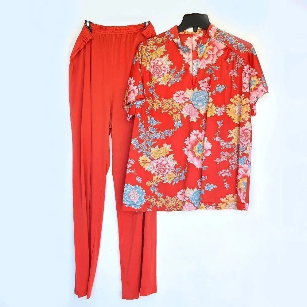 VTG 60s–70s Vanity Fair Coral Floral Lounge Set SZ M Made in USA Nylon Tricot 2p